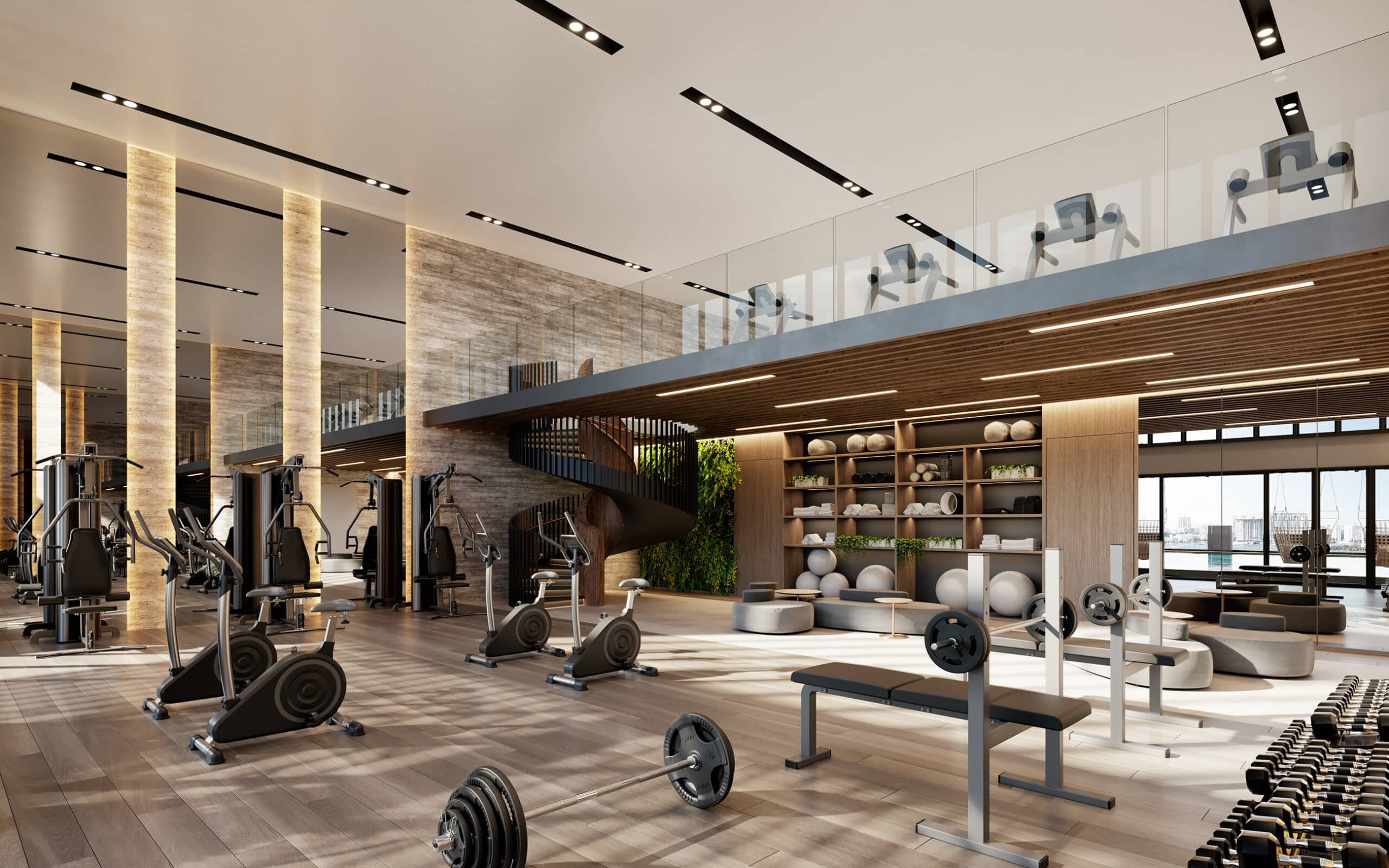 Gimnasio de Shoma Bay con máquinas de ejercicio, pesas y un diseño moderno.