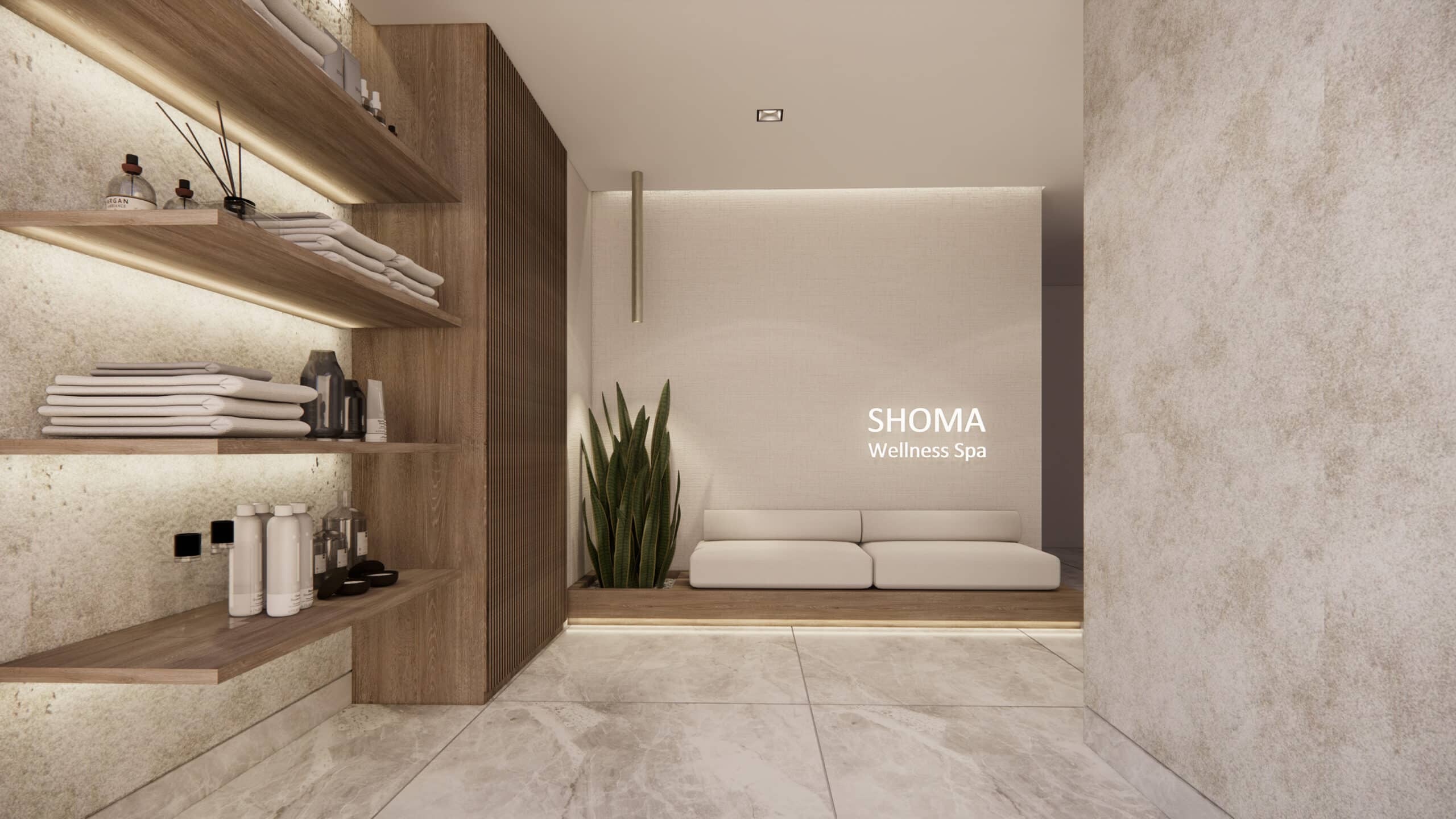 Entrada del spa en Shoma Bay con diseño minimalista y decoración en tonos neutros.