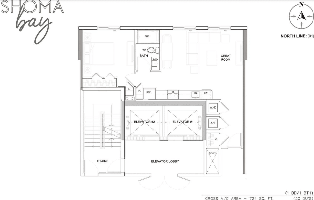 Plano de un departamento de una habitación en Shoma Bay, mostrando disposición de espacios y elevadores.