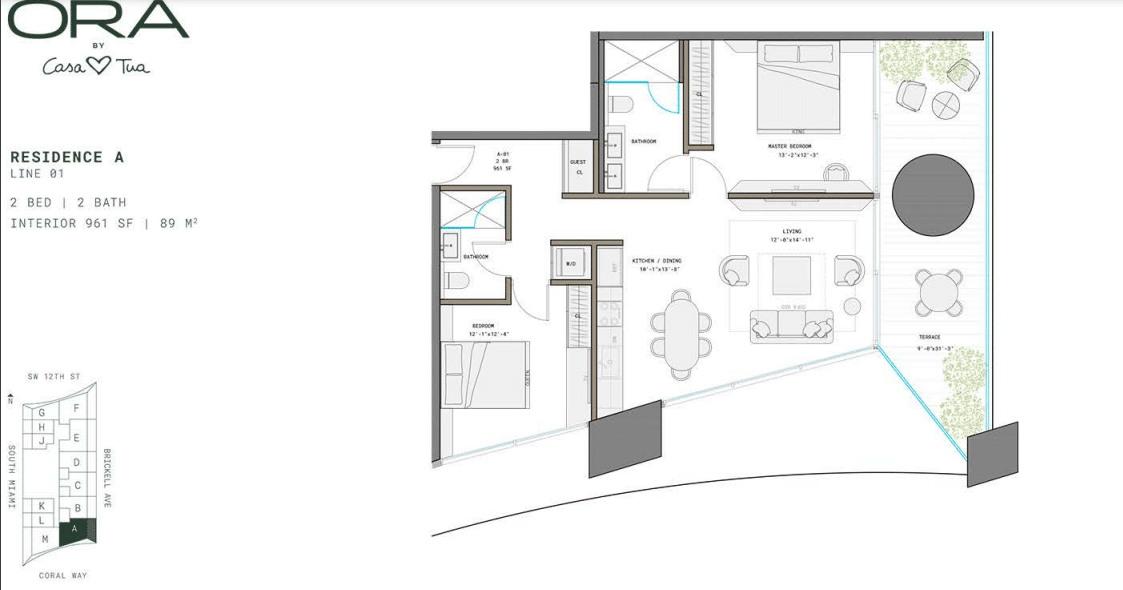 Plano de la Residencia A en Ora by Casa Tua, con 2 habitaciones, 2 baños y un diseño moderno.