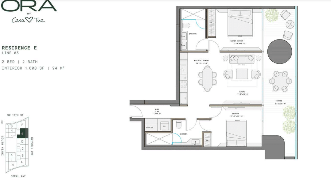 Plano de la Residencia E en Ora by Casa Tua, con 2 habitaciones, 2 baños y una superficie de 1,008 pies cuadrados.