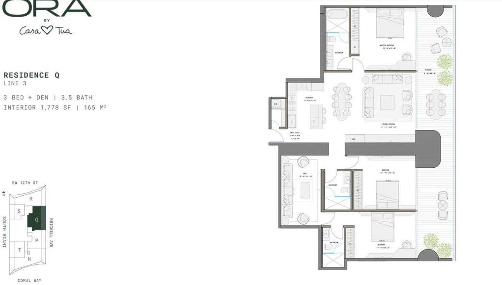 Plano de la Residencia Q en Ora by Casa Tua, con 3 habitaciones, den y 3.5 baños, en una superficie de 1,778 pies cuadrados.