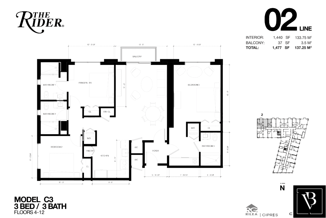 Plano de planta del modelo C3 en The Rider Wynwood con 3 dormitorios y 3 baños.