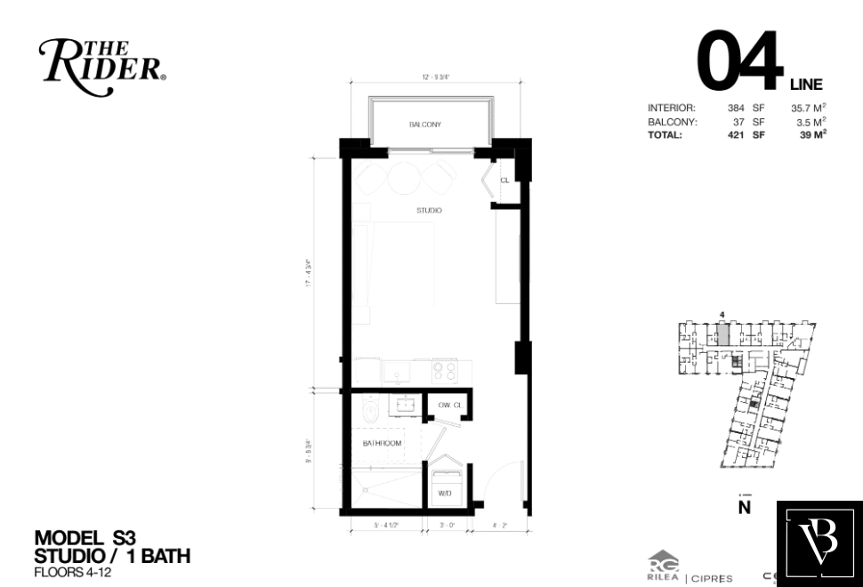 Plano de planta del modelo S3 en The Rider Wynwood, estudio de 1 baño con balcón.