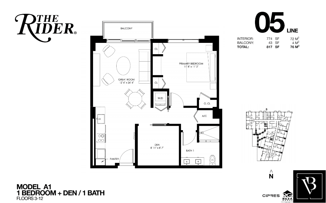 Plano de planta del modelo A1 en The Rider Wynwood con 1 dormitorio, den y 1 baño.