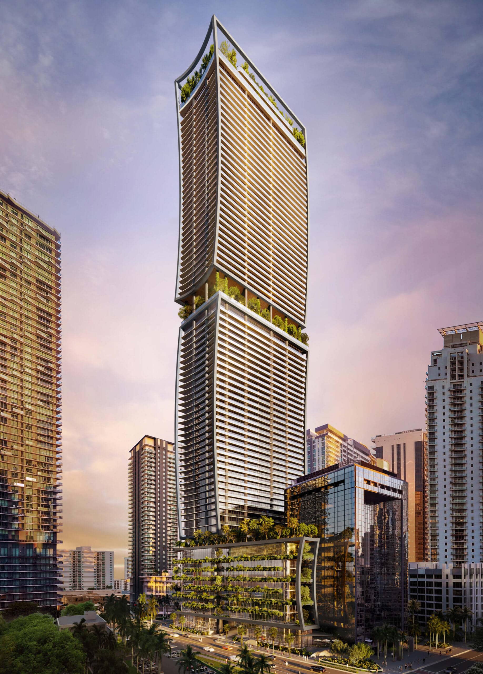 Torre principal de Ora By Casa Tua en Brickell con diseño moderno y jardines verticales.