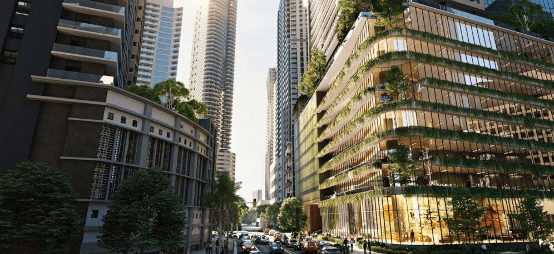 Fachada moderna de Ora By Casa Tua en Brickell con jardines verticales y arquitectura contemporánea.